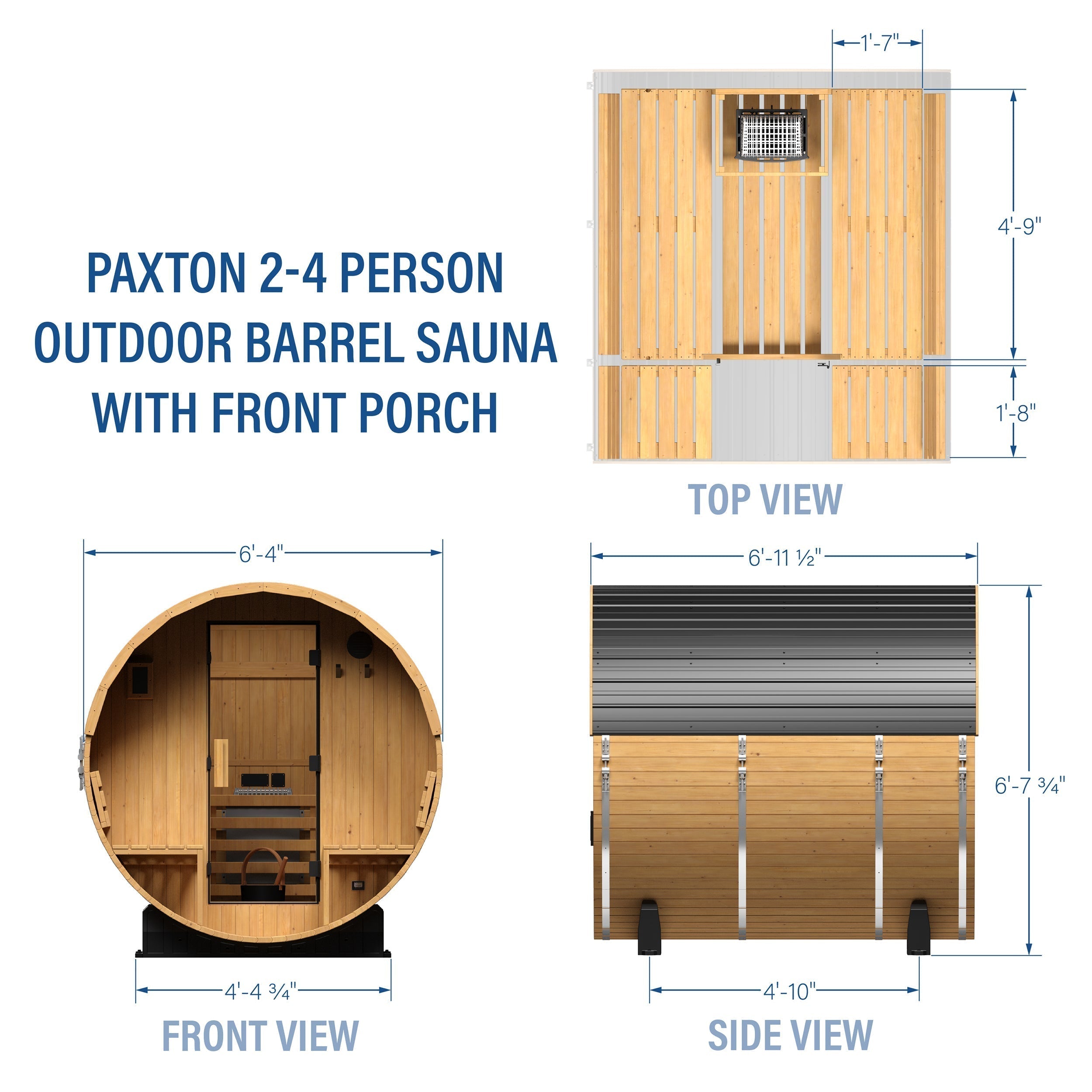 Paxton Outdoor Barrel Sauna with Porch – 2-4 Person - Shipping Included - Saunas