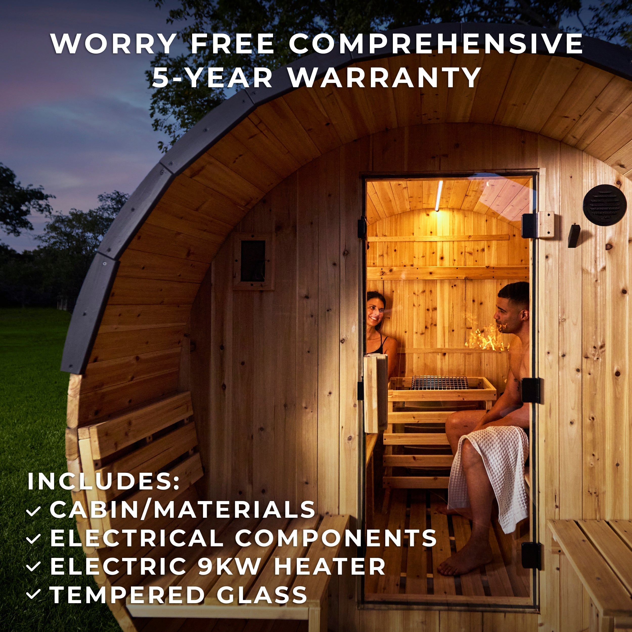 Paxton Outdoor Barrel Sauna with Porch – 2-4 Person - Shipping Included - Saunas