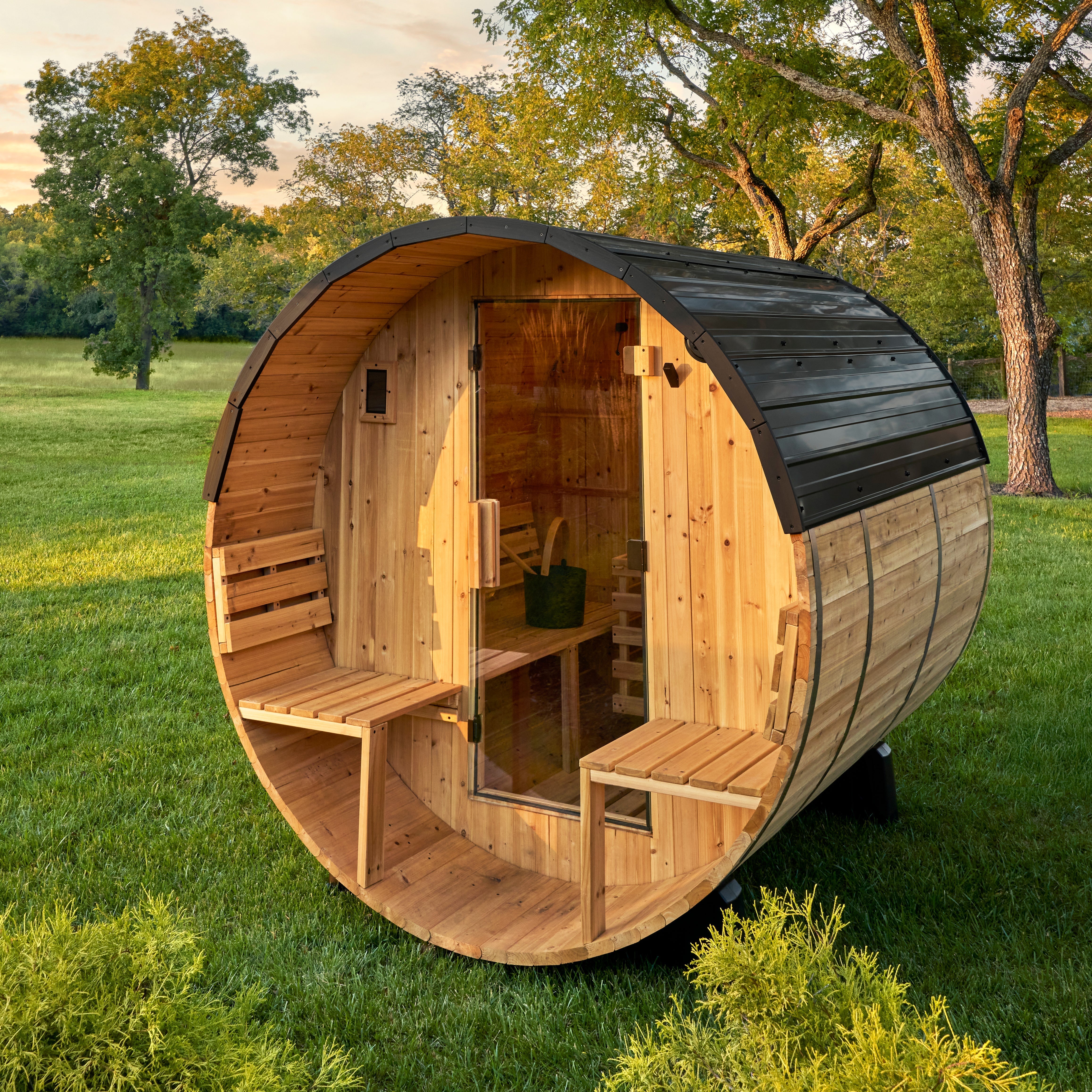 Paxton Outdoor Barrel Sauna with Porch – 2-4 Person - Shipping Included - Saunas