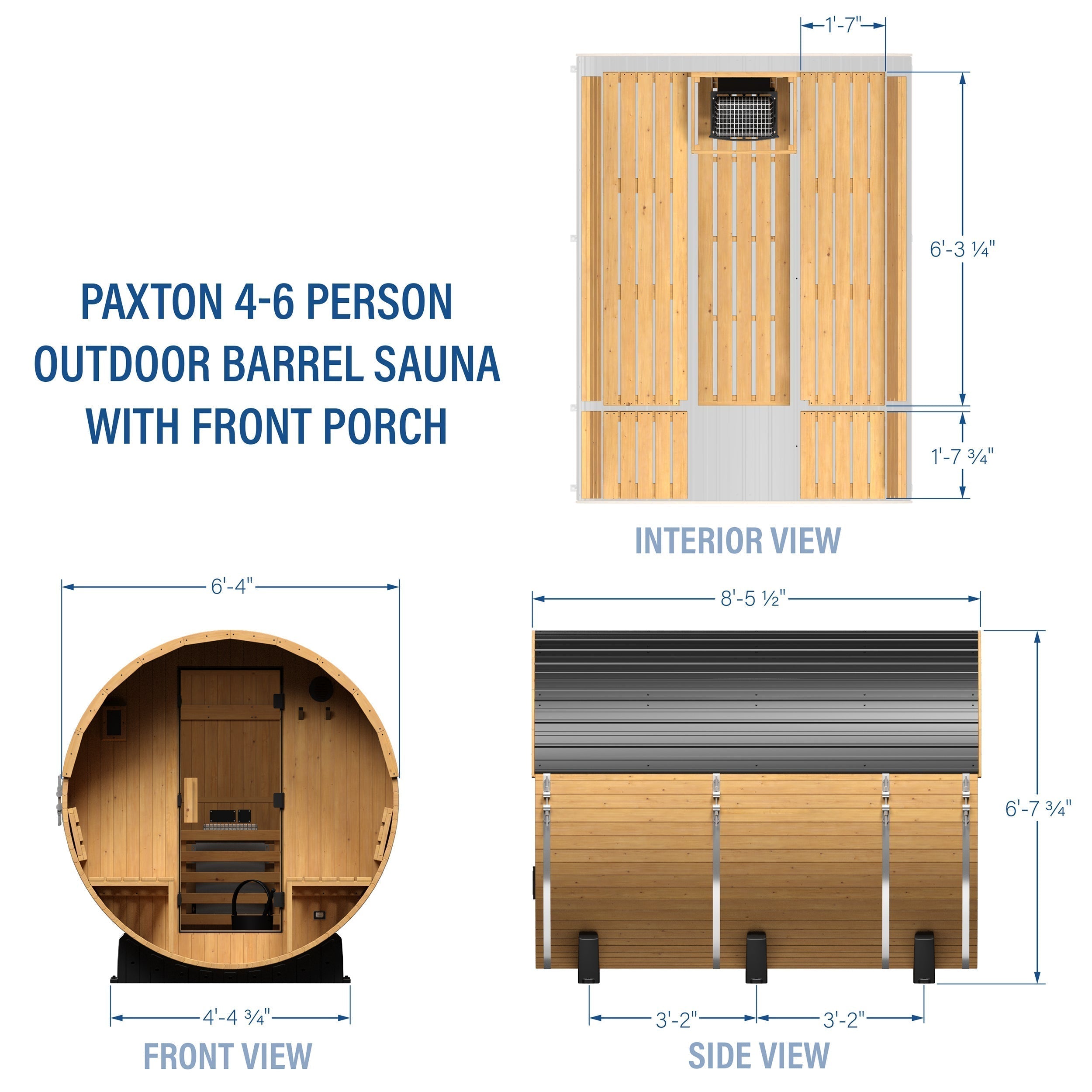 Paxton Outdoor Barrel Sauna with Porch – 4-6 Person - Shipping Included - Saunas