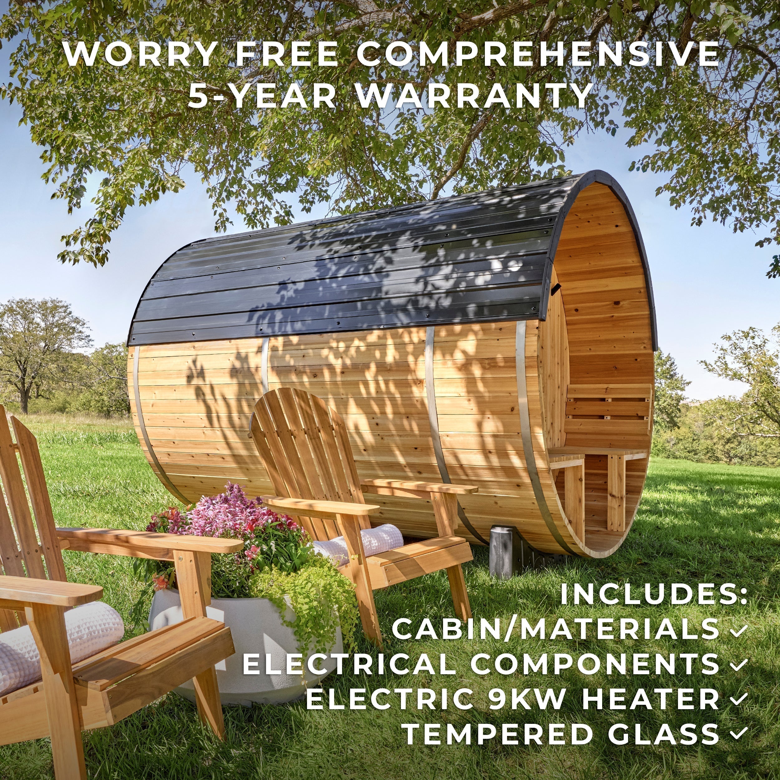 Paxton Outdoor Barrel Sauna with Porch – 4-6 Person - Shipping Included - Saunas