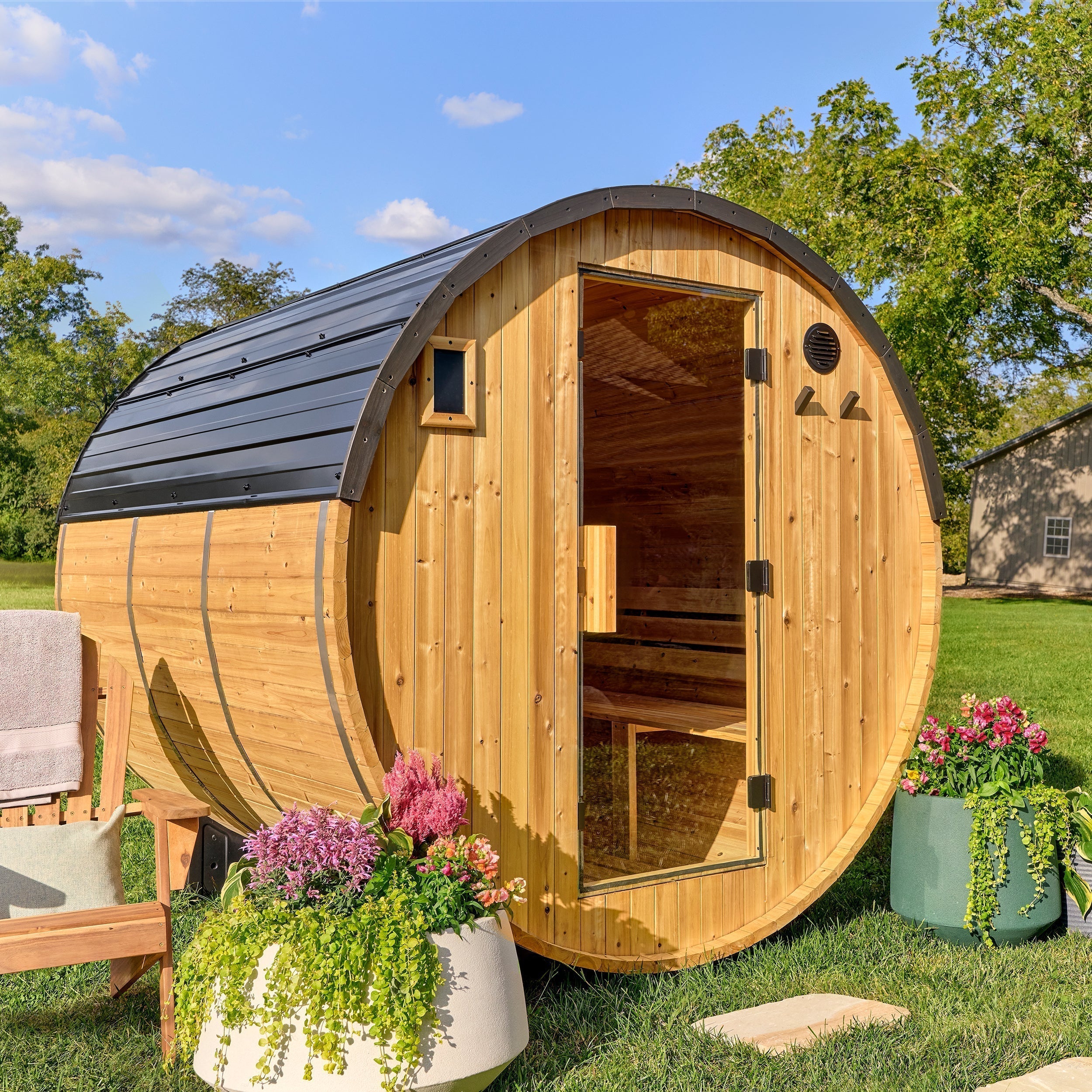Paxton Outdoor Barrel Sauna – 4-6 Person - Shipping Included - Saunas