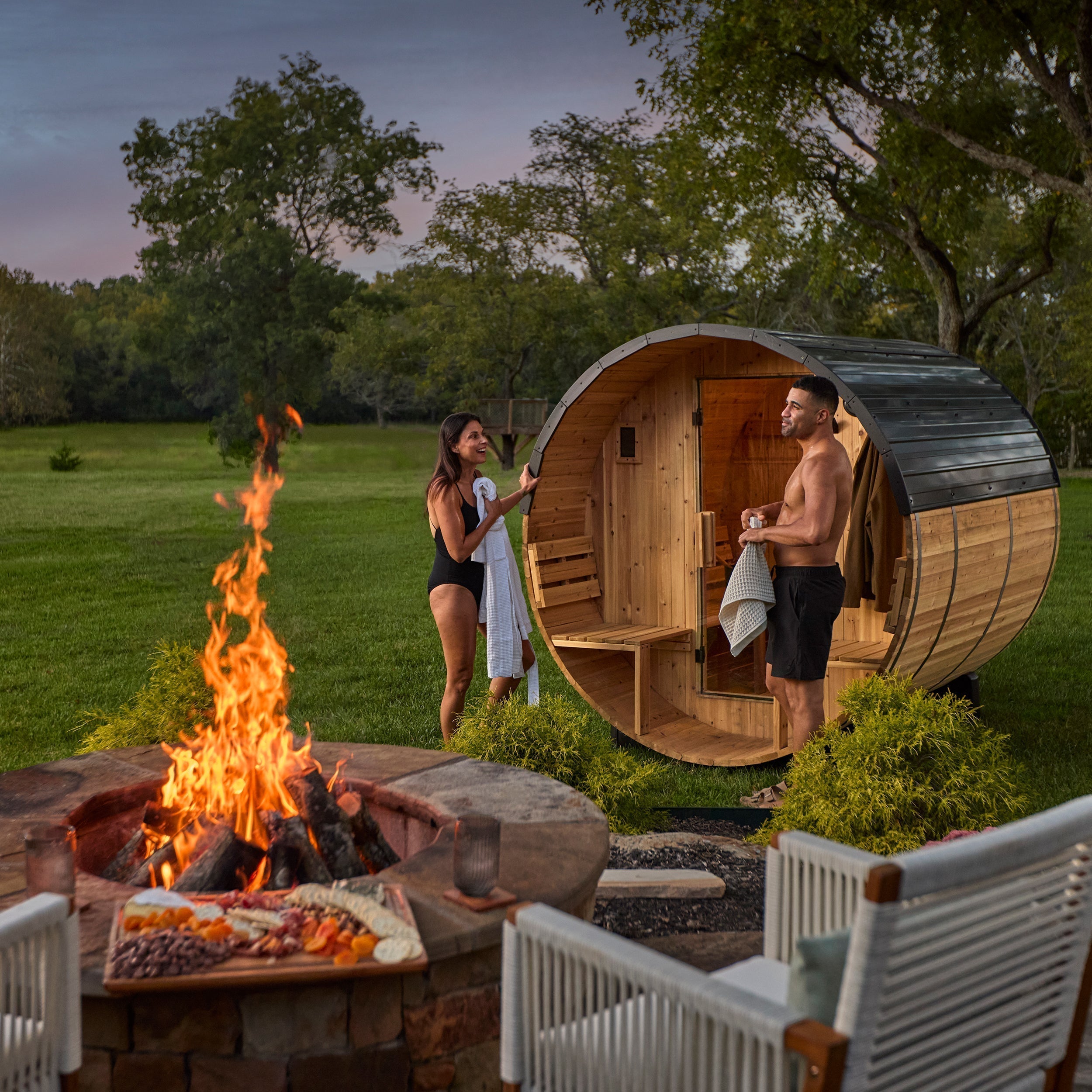 Paxton Outdoor Barrel Sauna with Porch – 2-4 Person - Shipping Included - Saunas