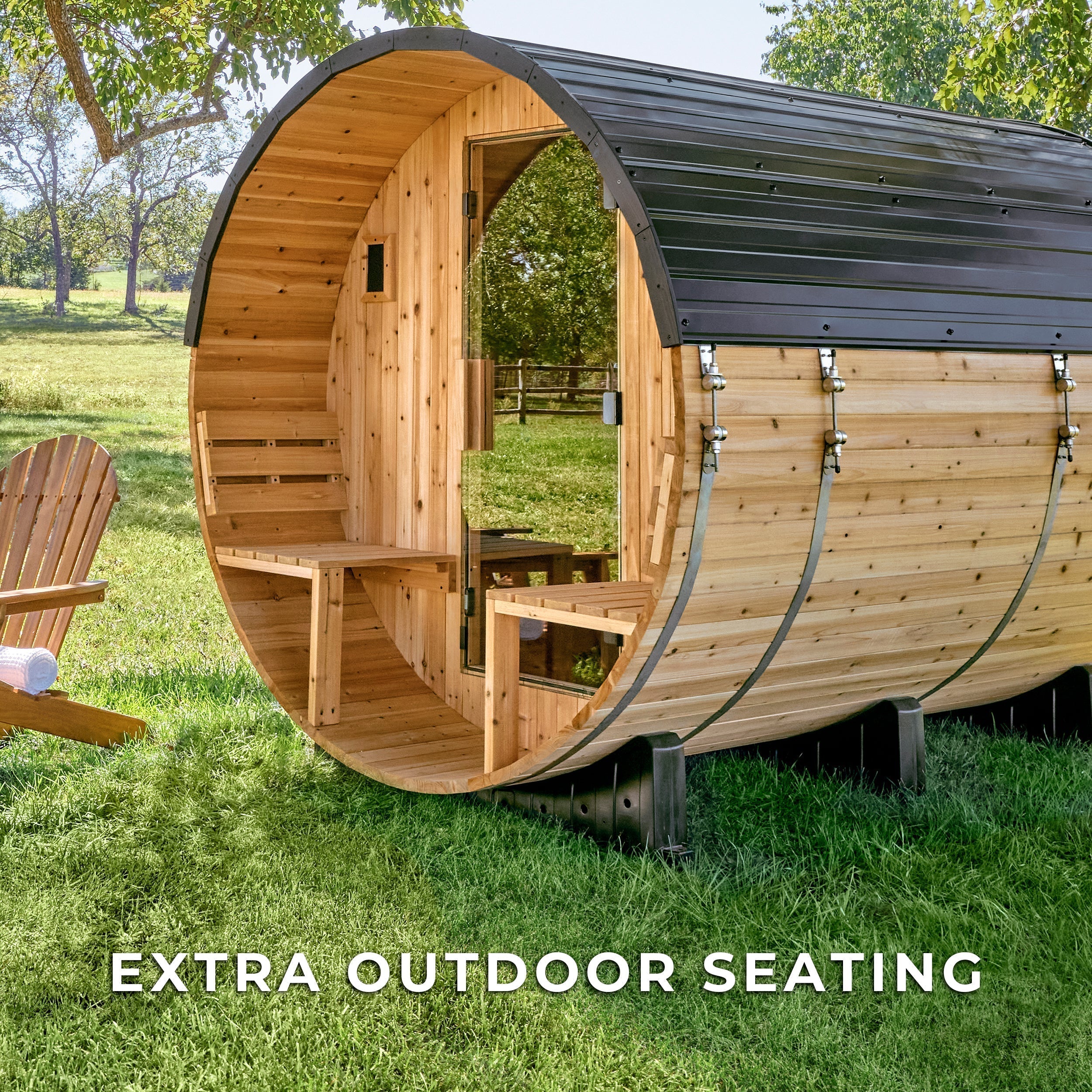 Paxton Outdoor Barrel Sauna with Porch – 4-6 Person - Shipping Included - Saunas